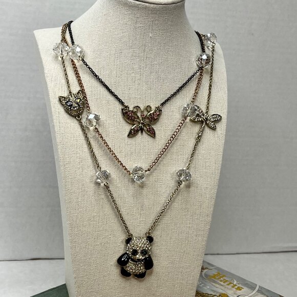 Betsey Johnson Multi-Layer Necklace Butterfly & Panda Charms Gold & Black  NWT - Picture 2 of 8